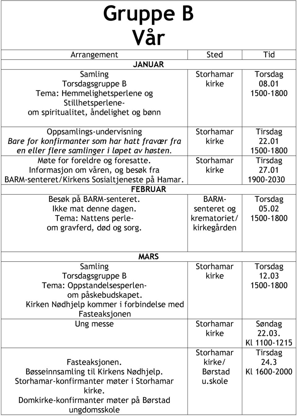 Informasjon om våren, og besøk fra BARM-senteret/Kirkens Sosialtjeneste på Hamar. FEBRUAR Besøk på BARM-senteret. Ikke mat denne dagen. Tema: Nattens perleom gravferd, død og sorg.