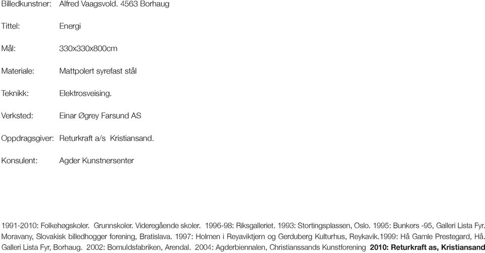 1996-98: Riksgalleriet. 1993: Stortingsplassen, Oslo. 1995: Bunkers -95, Galleri Lista Fyr. Moravany, Slovakisk billedhogger forening, Bratislava.