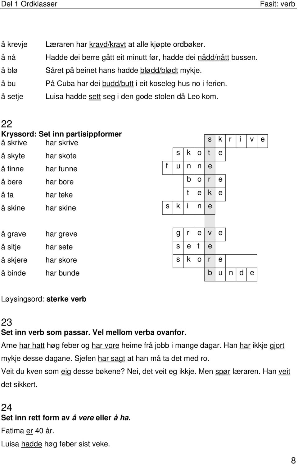 22 Kryssord: Set inn partisippformer å skrive har skrive å skyte har skote å finne har funne å bere har bore å ta har teke å skine har skine s k r i v e s k o t e f u n n e b o r e t e k e s k i n e