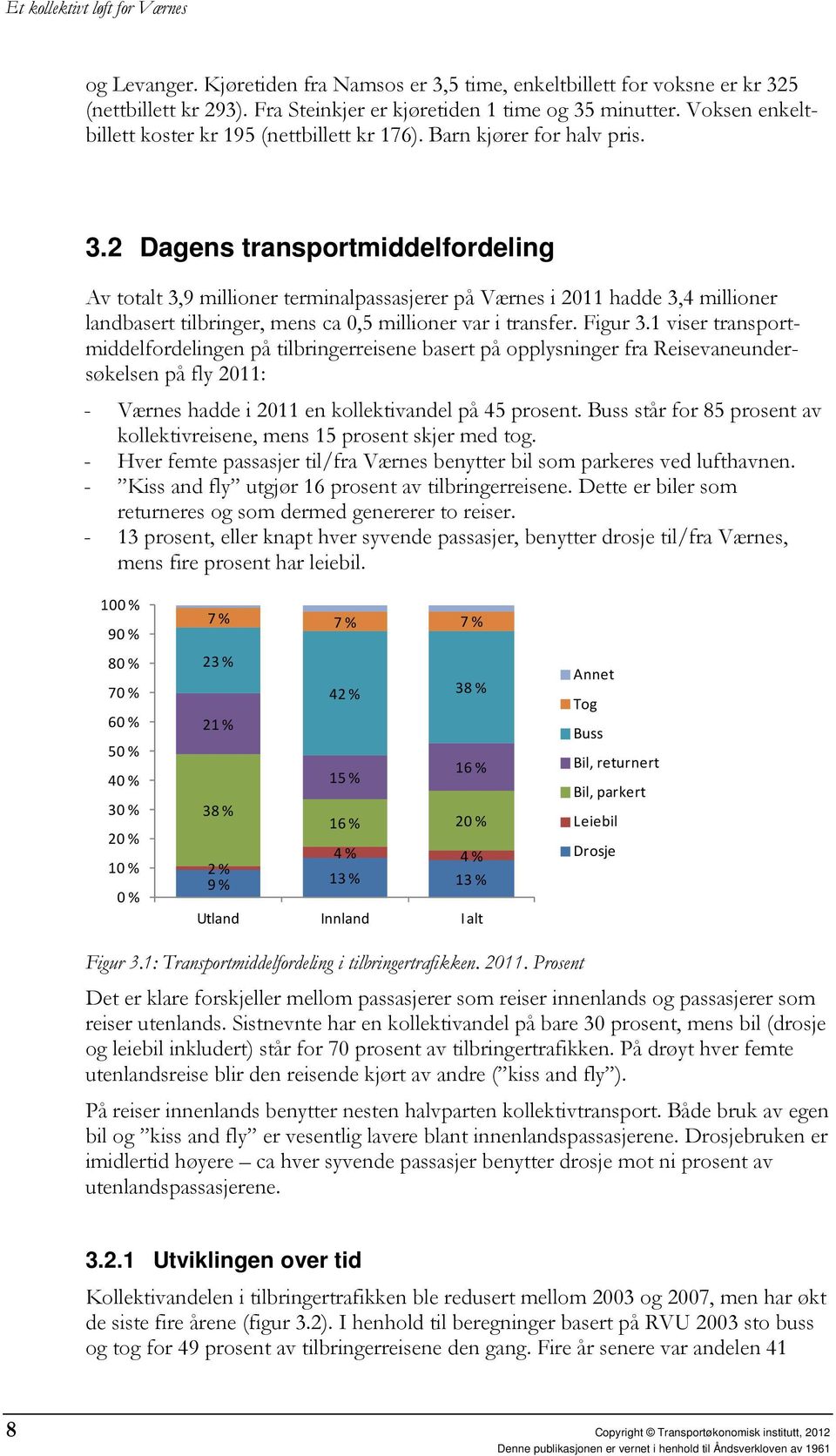 2 Dagens transportmiddelfordeling Av totalt 3,9 millioner terminalpassasjerer på Værnes i 2011 hadde 3,4 millioner landbasert tilbringer, mens ca 0,5 millioner var i transfer. Figur 3.