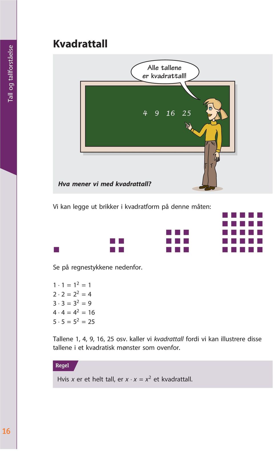 regnestykkene nedenfor. 1 1=1 2 =1 2 2=2 2 =4 3 3=3 2 =9 4 4=4 2 =16 5 5=5 2 =25 Tallene 1, 4, 9, 16, 25 osv.