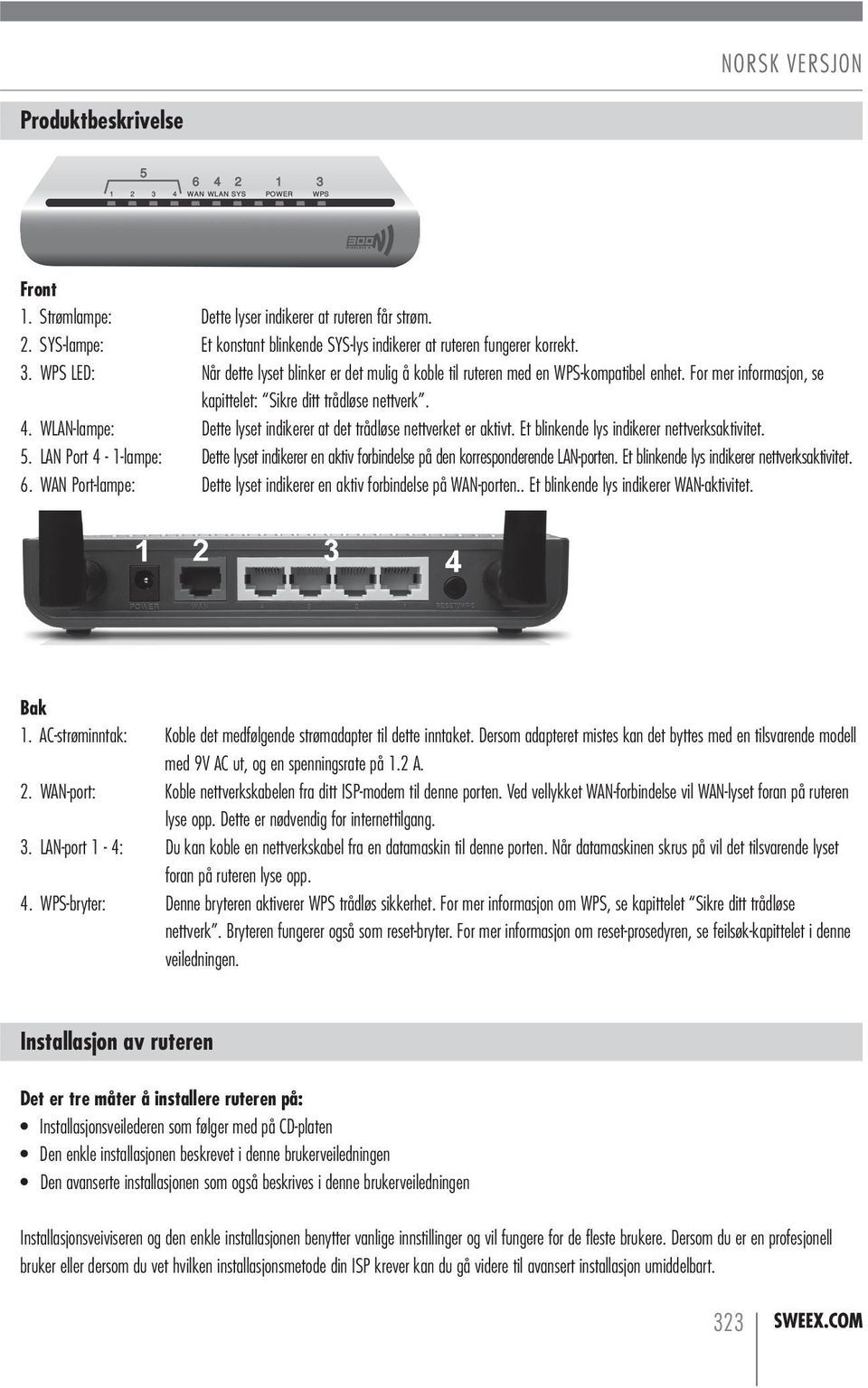 WLAN-lampe: Dette lyset indikerer at det trådløse nettverket er aktivt. Et blinkende lys indikerer nettverksaktivitet. 5.