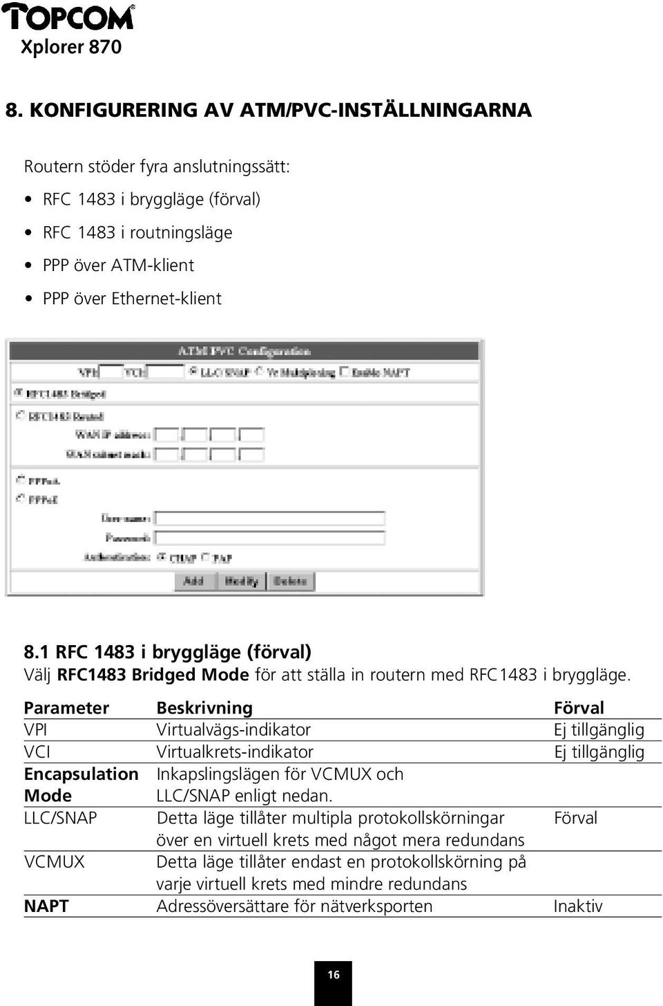 Parameter Beskrivning Förval VPI Virtualvägs-indikator Ej tillgänglig VCI Virtualkrets-indikator Ej tillgänglig Encapsulation Inkapslingslägen för VCMUX och Mode LLC/SNAP enligt nedan.