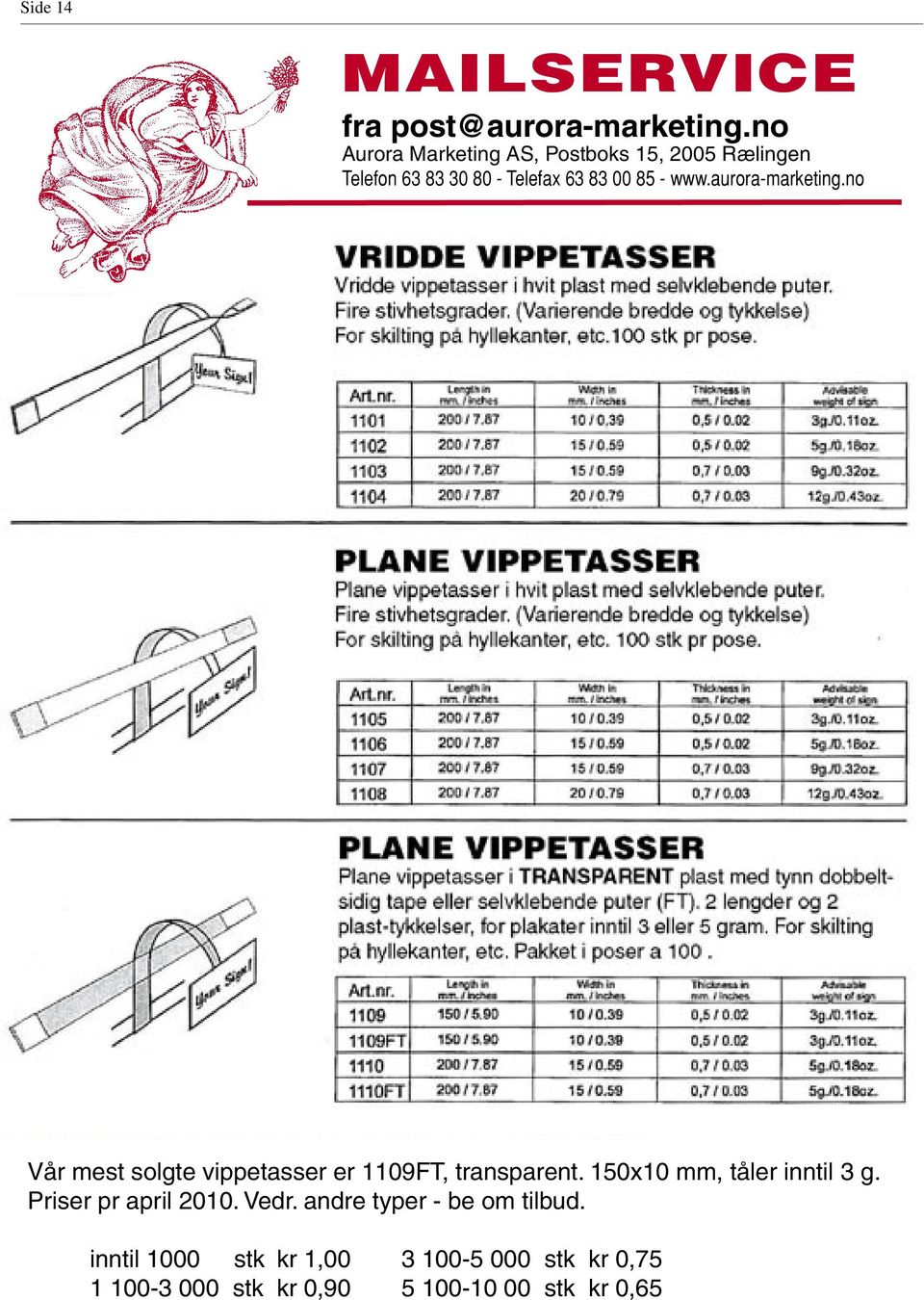 aurora-marketing.no Vår mest solgte vippetasser er 1109FT, transparent. 150x10 mm, tåler inntil 3 g.