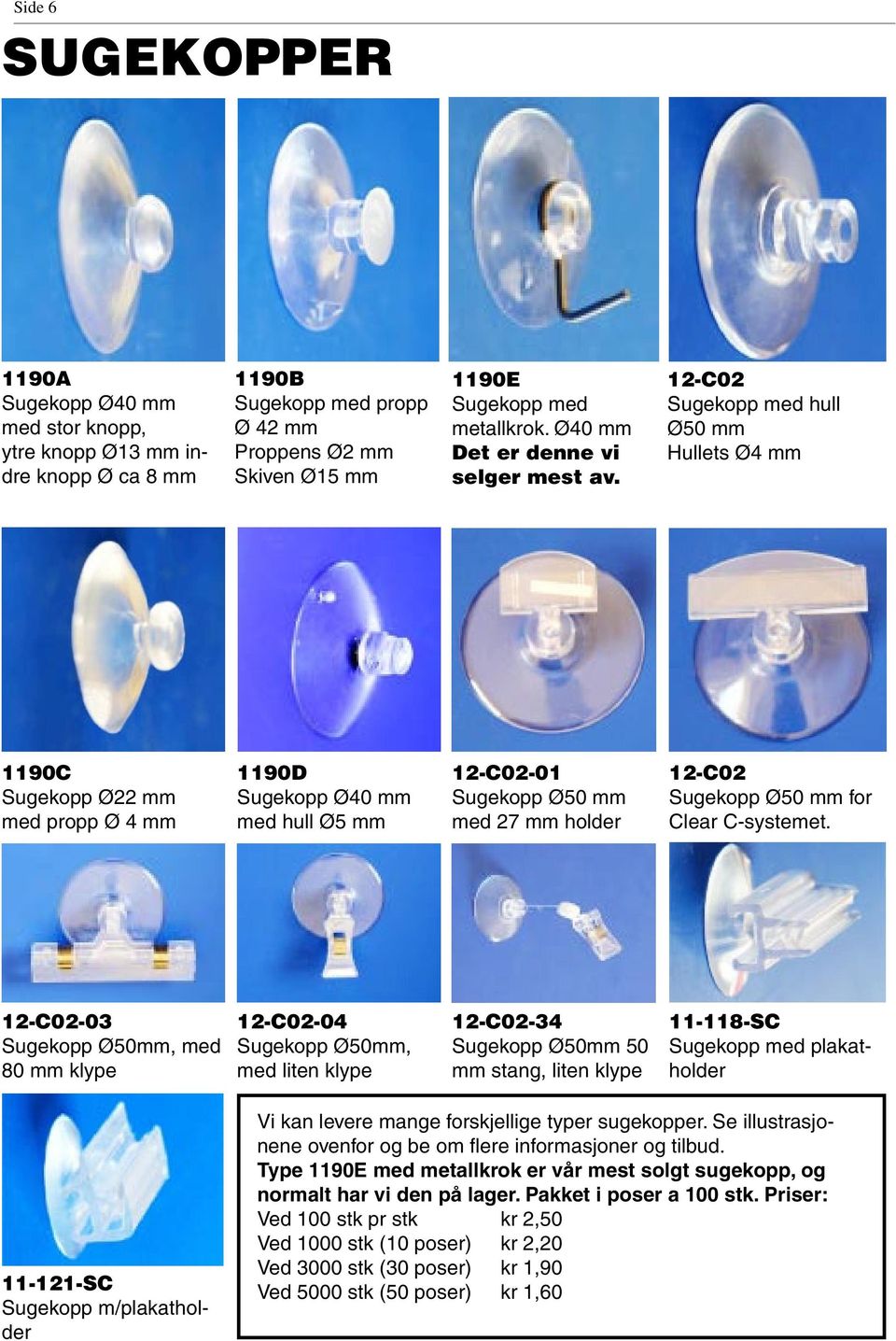 12-C02 Sugekopp med hull Ø50 mm Hullets Ø4 mm 1190C Sugekopp Ø22 mm med propp Ø 4 mm 1190D Sugekopp Ø40 mm med hull Ø5 mm 12-C02-01 Sugekopp Ø50 mm med 27 mm holder 12-C02 Sugekopp Ø50 mm for Clear