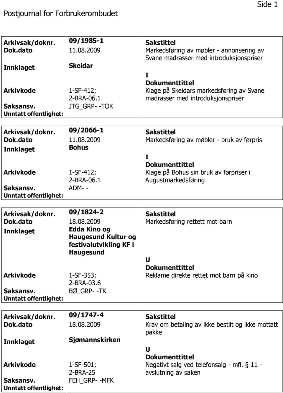 2009 Markedsføring av møbler - bruk av førpris nnklaget Bohus 1-SF-412; 2-BRA-06.1 Klage på Bohus sin bruk av førpriser i Augustmarkedsføring ADM- - Arkivsak/doknr. 09/1824-2 Sakstittel Dok.dato 18.