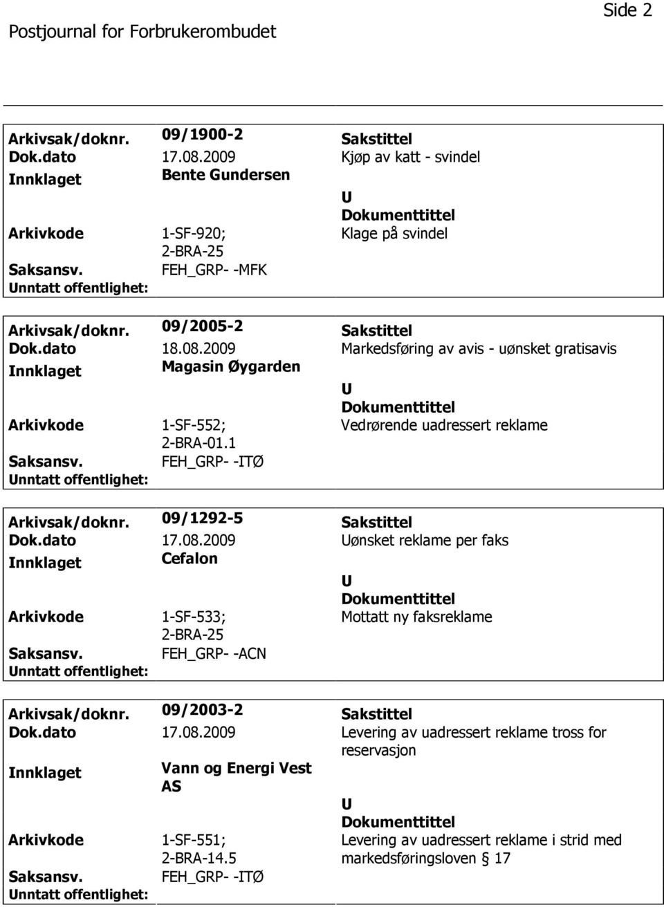 1 Vedrørende uadressert reklame FEH_GRP- -TØ Arkivsak/doknr. 09/1292-5 Sakstittel Dok.dato 17.08.