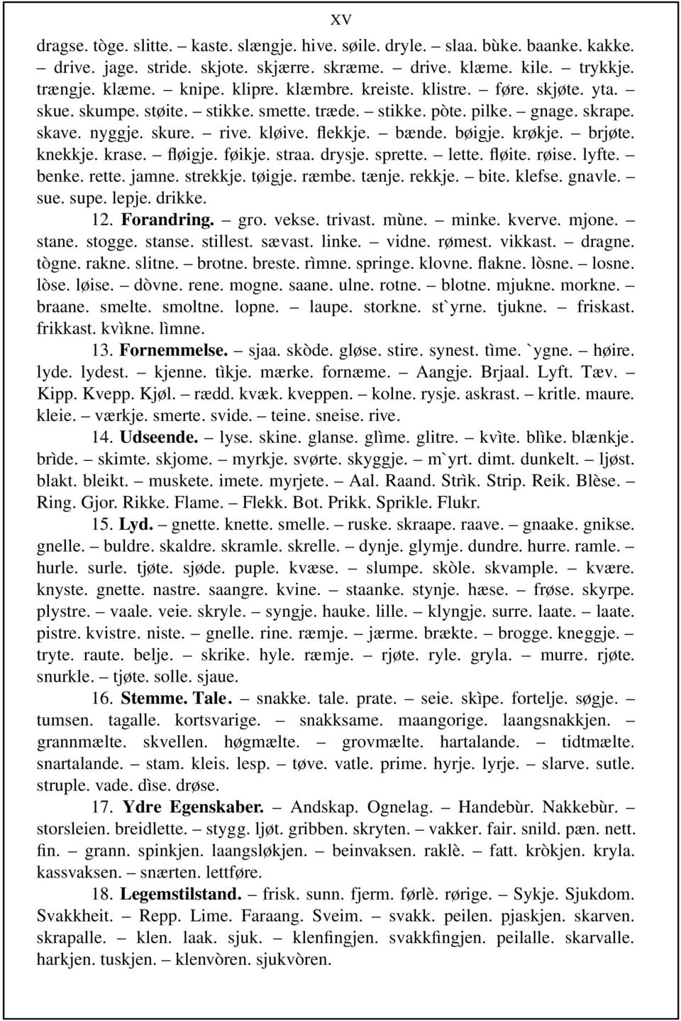 brjøte. knekkje. krase. fløigje. føikje. straa. drysje. sprette. lette. fløite. røise. lyfte. benke. rette. jamne. strekkje. tøigje. ræmbe. tænje. rekkje. bite. klefse. gnavle. sue. supe. lepje.