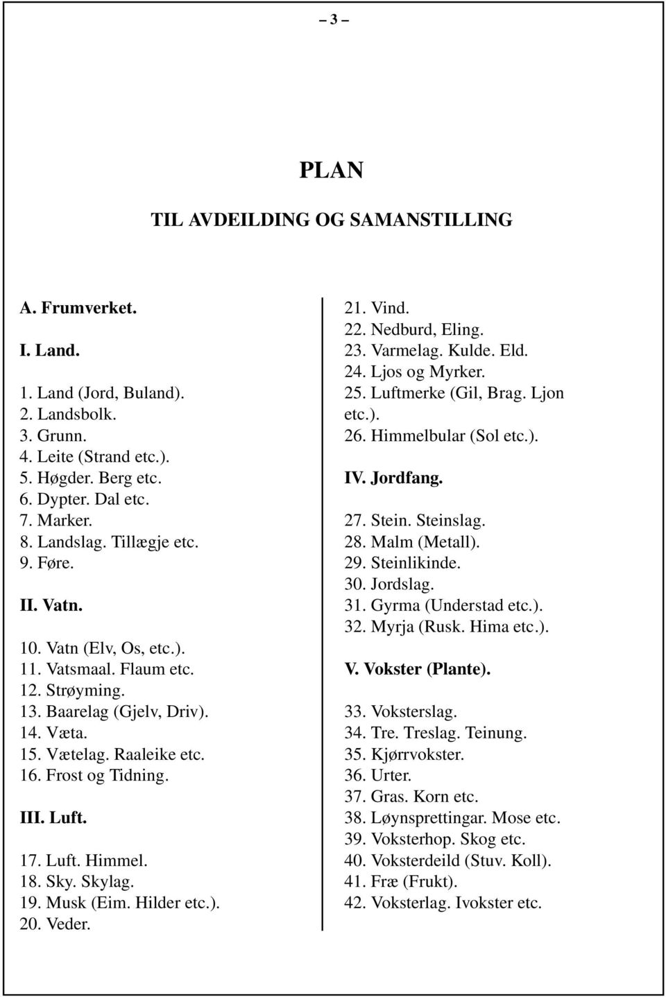 Luft. Himmel. 18. Sky. Skylag. 19. Musk (Eim. Hilder etc.). 20. Veder. 21. Vind. 22. Nedburd, Eling. 23. Varmelag. Kulde. Eld. 24. Ljos og Myrker. 25. Luftmerke (Gil, Brag. Ljon etc.). 26.