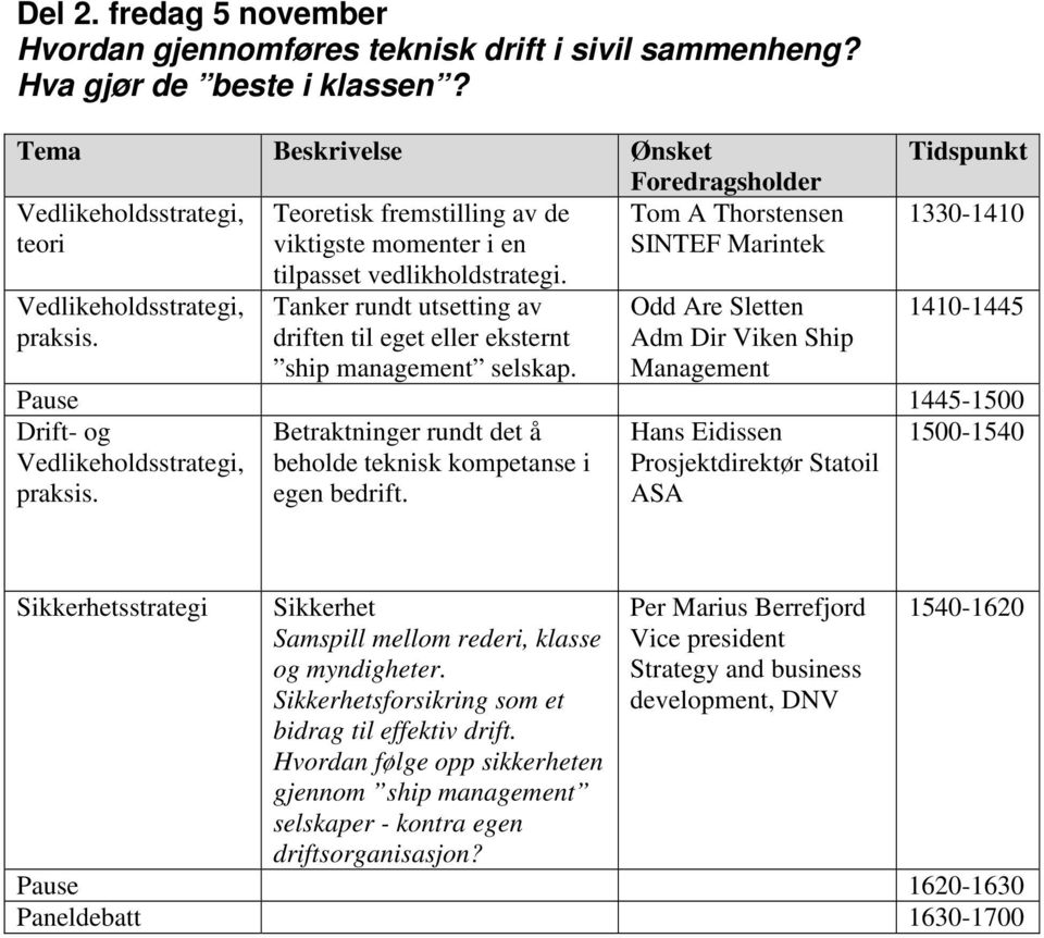 tilpasset vedlikholdstrategi. Tanker rundt utsetting av driften til eget eller eksternt ship management selskap.