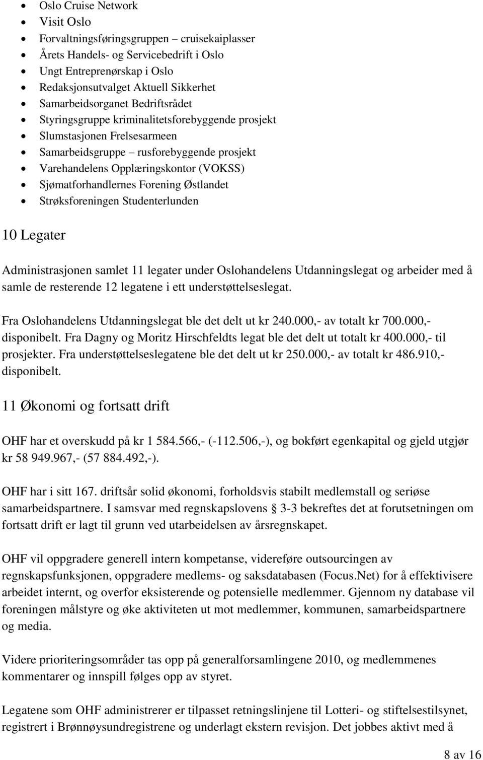 Forening Østlandet Strøksforeningen Studenterlunden 10 Legater Administrasjonen samlet 11 legater under Oslohandelens Utdanningslegat og arbeider med å samle de resterende 12 legatene i ett