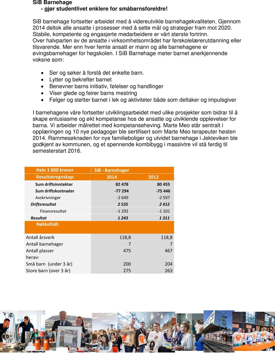 Over halvparten av de ansatte i virksomhetsområdet har førskolelærerutdanning eller tilsvarende. Mer enn hver femte ansatt er mann og alle barnehagene er øvingsbarnehager for høgskolen.