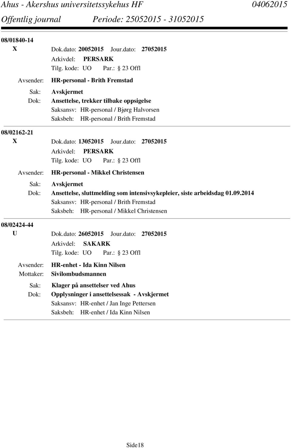 08/02162-21 X Dok.dato: 13052015 Jour.dato: 27052015 HR-personal - Mikkel Christensen Ansettelse, sluttmelding som intensivsykepleier, siste arbeidsdag 01.09.