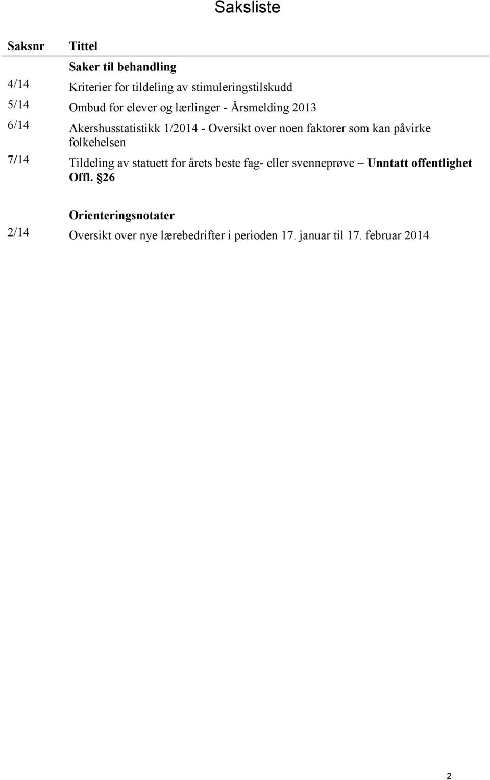 kan påvirke folkehelsen 7/14 Tildeling av statuett for årets beste fag- eller svenneprøve Unntatt