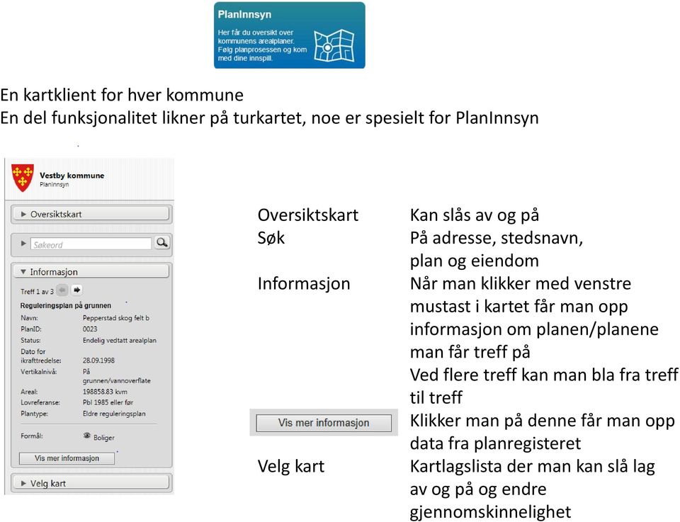 kartet får man opp informasjon om planen/planene man får treff på Ved flere treff kan man bla fra treff til treff