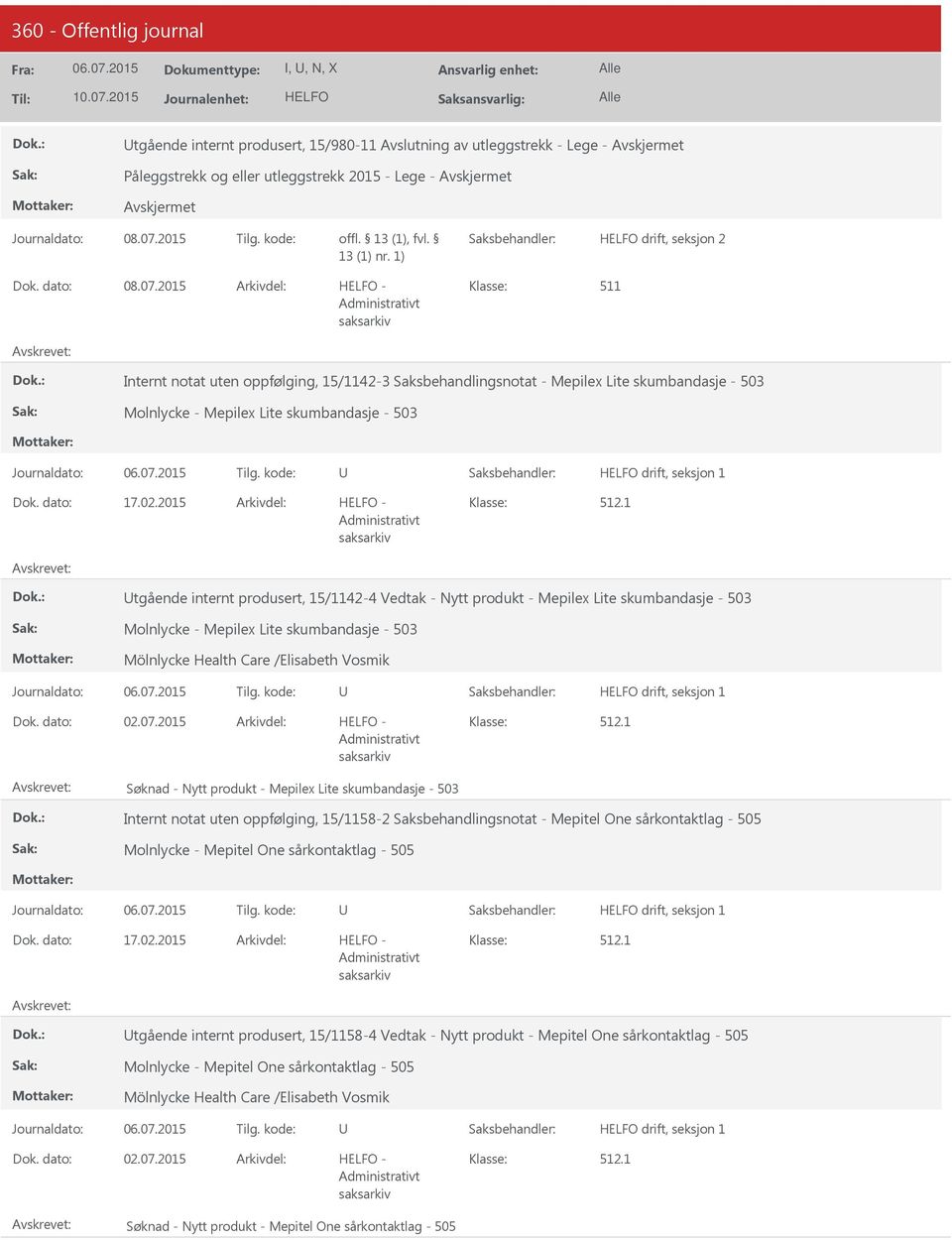 2015 tgående internt produsert, 15/1142-4 Vedtak - Nytt produkt - Mepilex Lite skumbandasje - 503 Molnlycke - Mepilex Lite skumbandasje - 503 Mölnlycke Health Care /Elisabeth Vosmik drift, seksjon 1