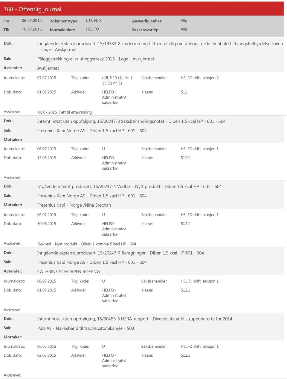 Fresenius Kabi Norge AS - Diben 1,5 kacl HP - 601-604 drift, seksjon 1 13.05.2015 tgående internt produsert, 15/20247-4 Vedtak - Nytt produkt - Diben 1.