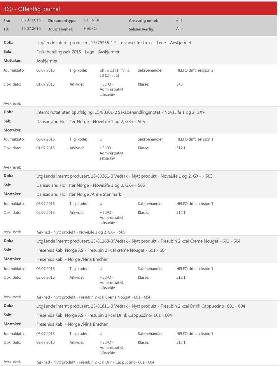 2015 tgående internt produsert, 15/80361-3 Vedtak - Nytt produkt - NoveLife 1 og 2, GX+ - 505 Dansac and Hollister Norge - NoveLife 1 og 2, GX+ - 505 Dansac and Hollister Norge /Anne Stenmark drift,