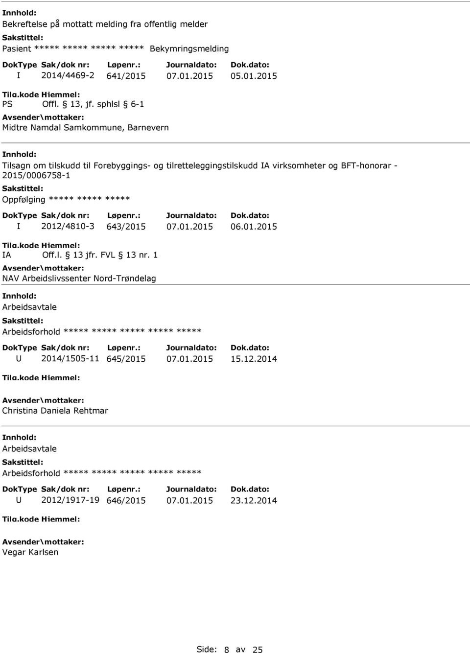 virksomheter og BFT-honorar - 2015/0006758-1 Oppfølging ***** ***** ***** A 2012/4810-3 643/2015 NAV Arbeidslivssenter