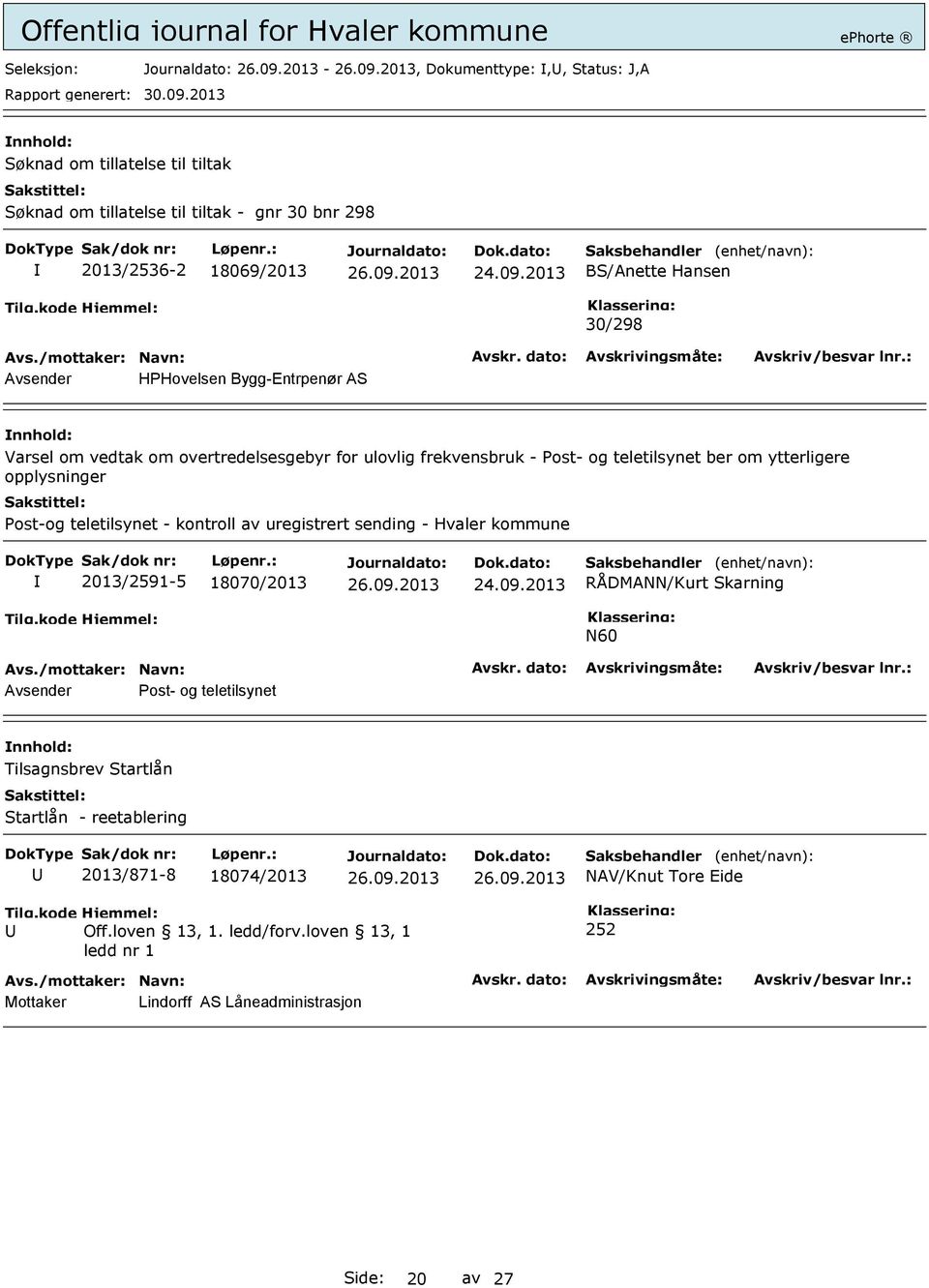 - kontroll av uregistrert sending - Hvaler kommune 2013/2591-5 18070/2013 RÅDMANN/Kurt Skarning N60 Avsender Post- og teletilsynet Tilsagnsbrev Startlån Startlån -