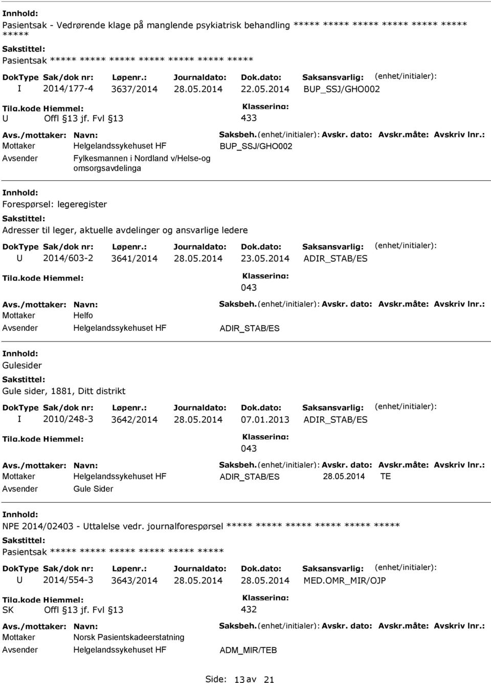 : B_SSJ/GHO002 Fylkesmannen i Nordland v/helse-og omsorgsavdelinga Forespørsel: legeregister Adresser til leger, aktuelle avdelinger og ansvarlige ledere 2014/603-2 3641/2014 23.05.