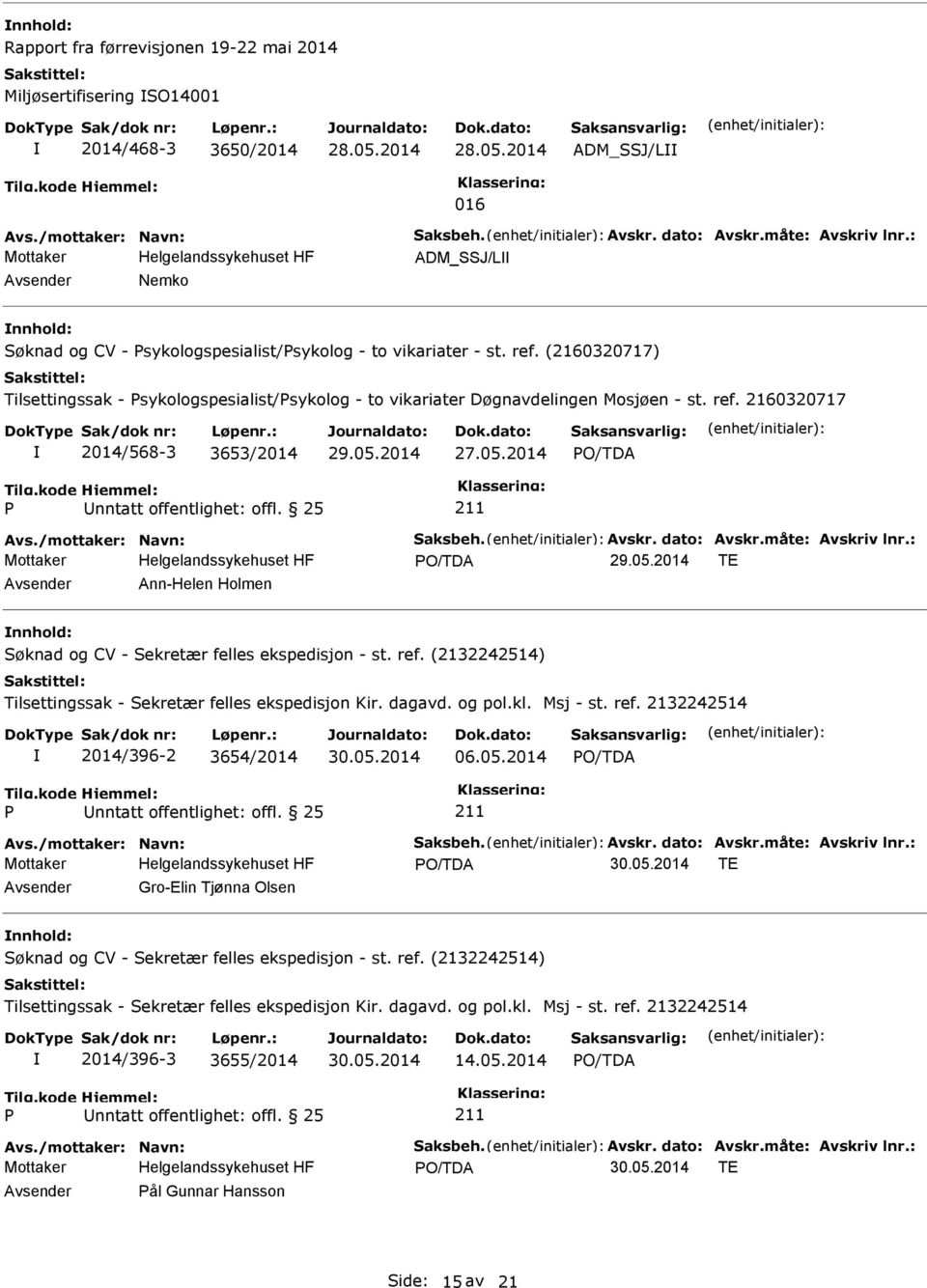 05.2014 nntatt offentlighet: offl. 25 Avs./mottaker: Navn: Saksbeh. Avskr. dato: Avskr.måte: Avskriv lnr.: 29.05.2014 TE Ann-Helen Holmen 2014/396-2 3654/2014 06.05.2014 nntatt offentlighet: offl. 25 Avs./mottaker: Navn: Saksbeh. Avskr. dato: Avskr.måte: Avskriv lnr.: TE Gro-Elin Tjønna Olsen 2014/396-3 3655/2014 14.