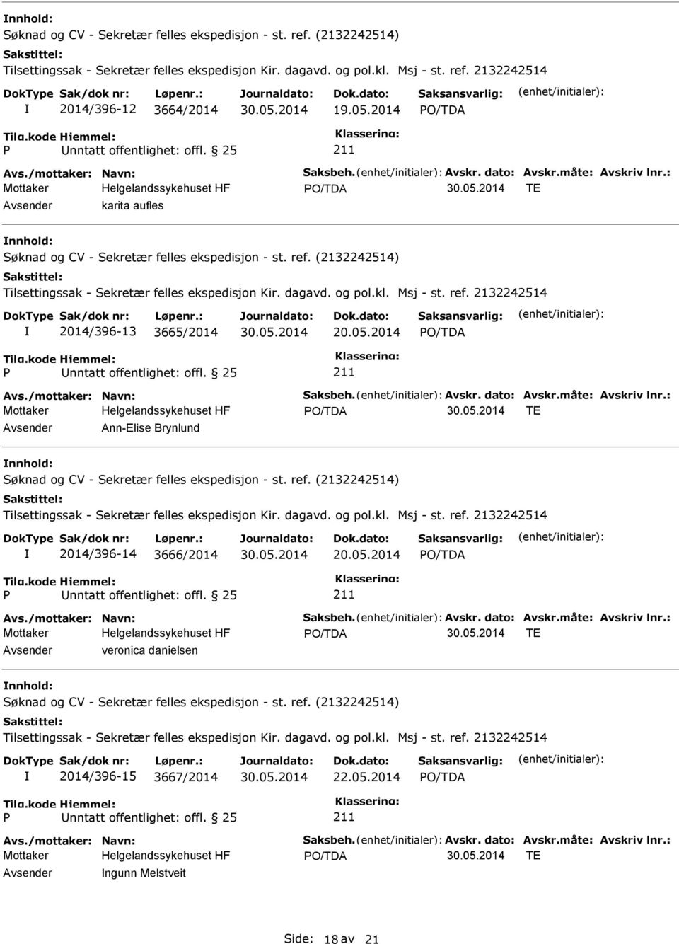 : TE Ann-Elise Brynlund 2014/396-14 3666/2014 20.05.2014 nntatt offentlighet: offl. 25 Avs./mottaker: Navn: Saksbeh. Avskr. dato: Avskr.