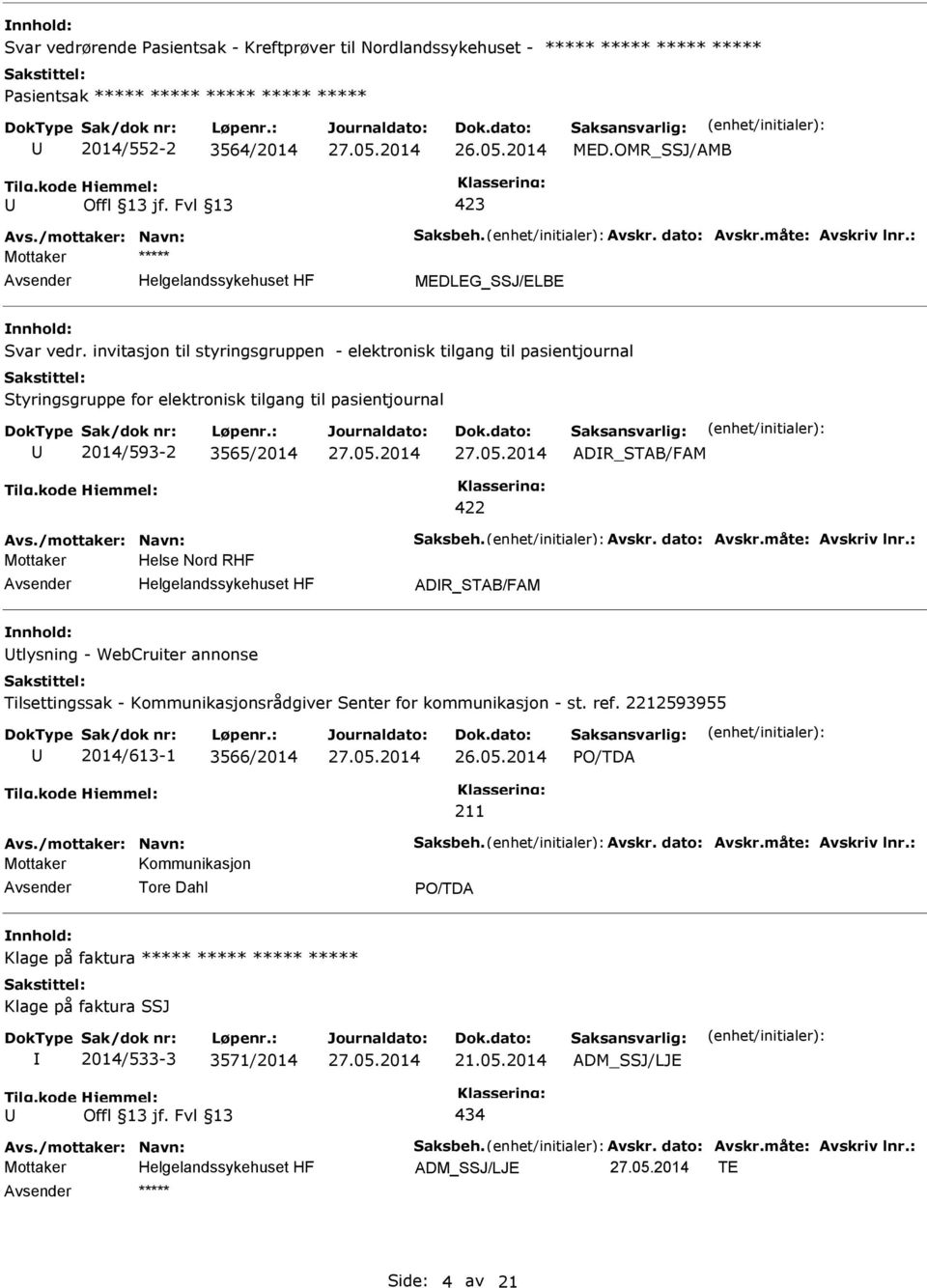 invitasjon til styringsgruppen - elektronisk tilgang til pasientjournal Styringsgruppe for elektronisk tilgang til pasientjournal 2014/593-2 3565/2014 ADR_STAB/FAM 422 Avs./mottaker: Navn: Saksbeh.