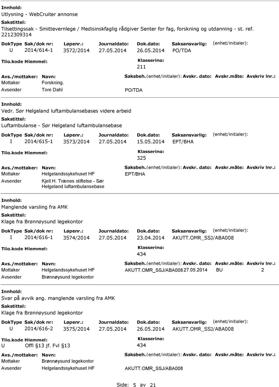 2014 ET/BHA 325 Avs./mottaker: Navn: Saksbeh. Avskr. dato: Avskr.måte: Avskriv lnr.: ET/BHA Kjell H.