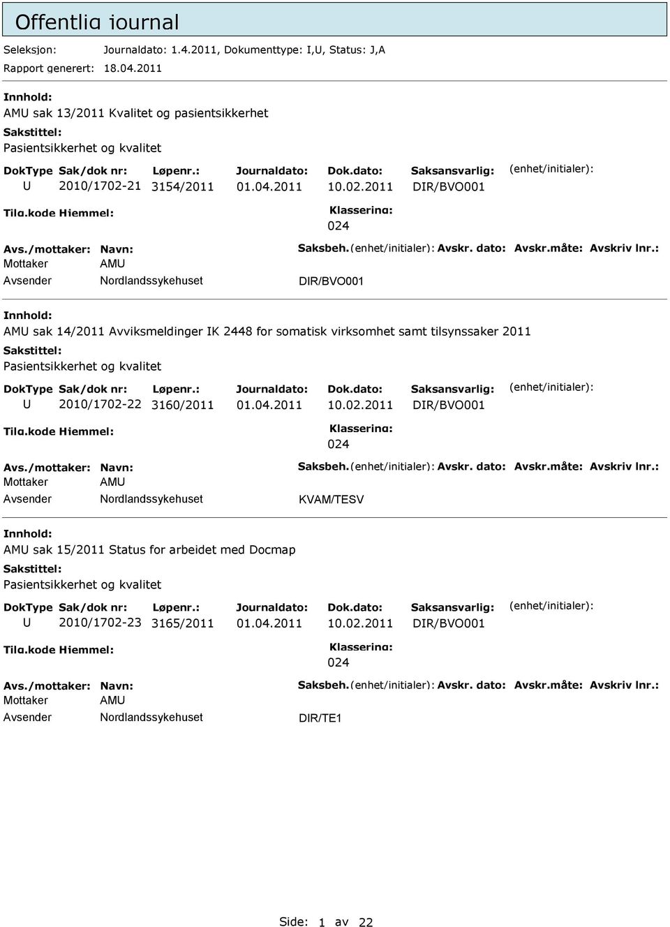 : Mottaker AM DR/BVO001 AM sak 14/2011 Avviksmeldinger K 2448 for somatisk virksomhet samt tilsynssaker 2011 asientsikkerhet og kvalitet 2010/1702-22 3160/2011 10.