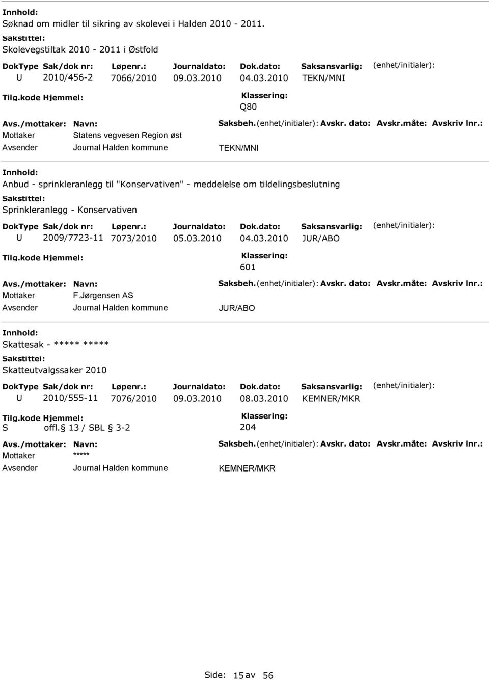 2010 TKN/MNI Q80 Statens vegvesen Region øst TKN/MNI Anbud - sprinkleranlegg til "Konservativen" - meddelelse om