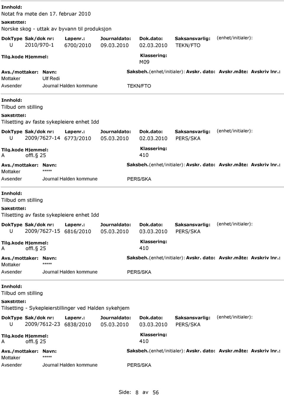 2010 PRS/SKA A offl. 25 410 PRS/SKA Tilbud om stilling Tilsetting av faste sykepleiere enhet Idd 2009/7627-15 6816/2010 03.