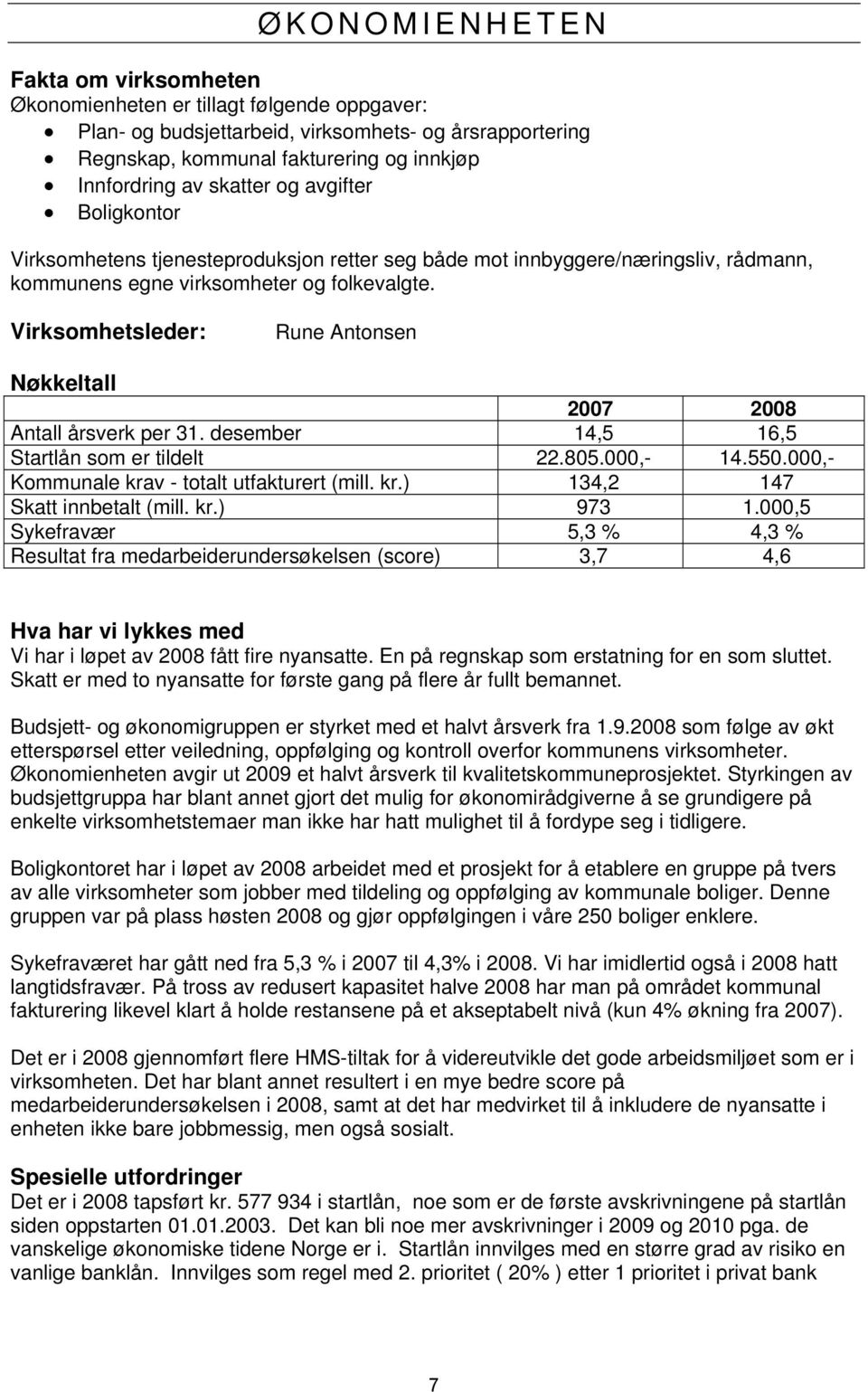 Virksomhetsleder: Rune Antonsen Nøkkeltall 2007 2008 Antall årsverk per 31. desember 14,5 16,5 Startlån som er tildelt 22.805.000,- 14.550.000,- Kommunale krav - totalt utfakturert (mill. kr.) 134,2 147 Skatt innbetalt (mill.