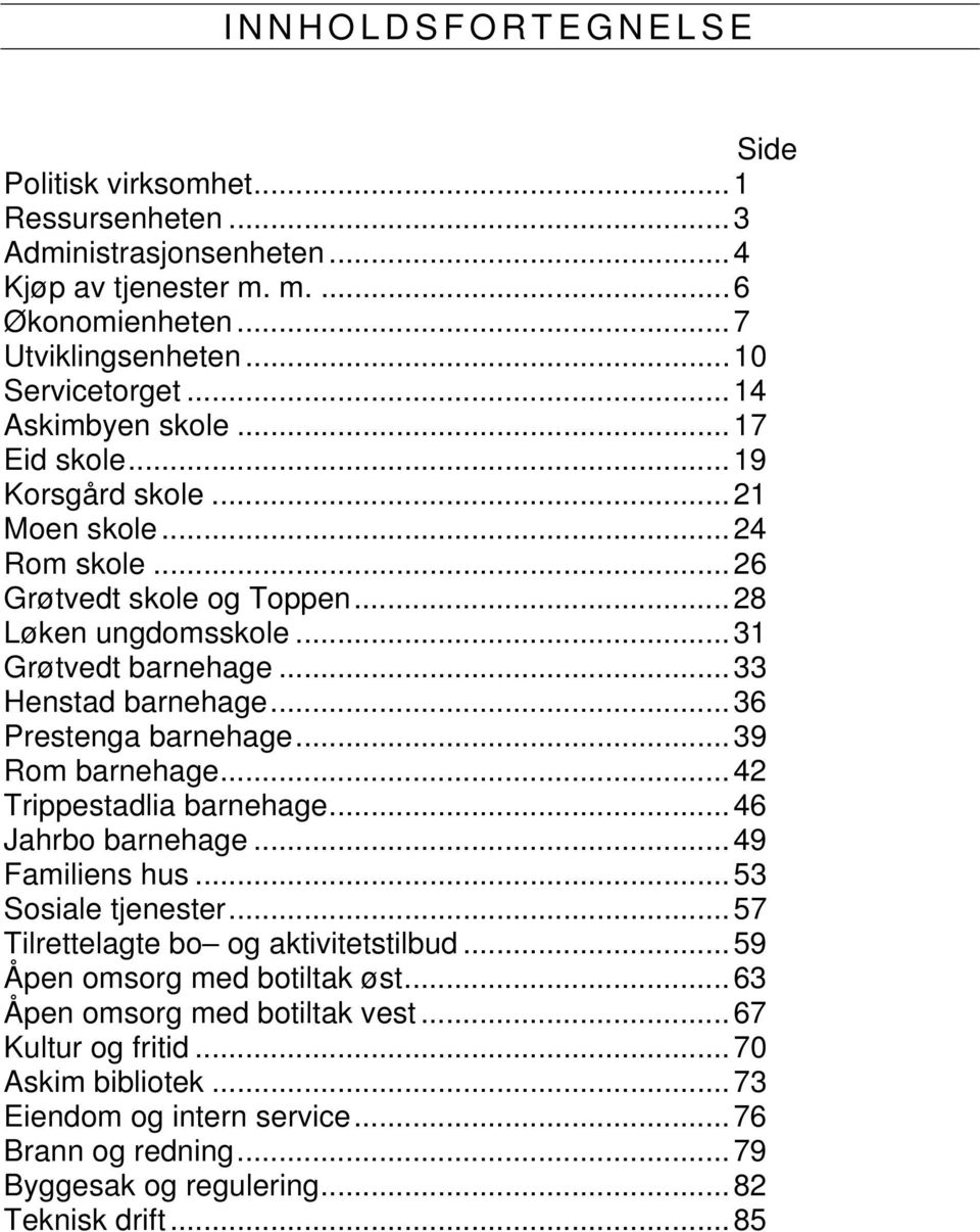 ..36 Prestenga barnehage...39 Rom barnehage...42 Trippestadlia barnehage...46 Jahrbo barnehage...49 Familiens hus...53 Sosiale tjenester...57 Tilrettelagte bo og aktivitetstilbud.