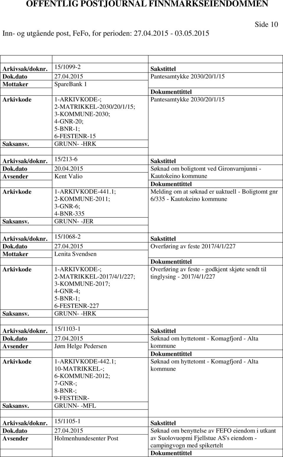 2015 Søknad om boligtomt ved Gironvarnjunni - Avsender Kent Valio Kautokeino kommune 1-ARKIVKODE-441.