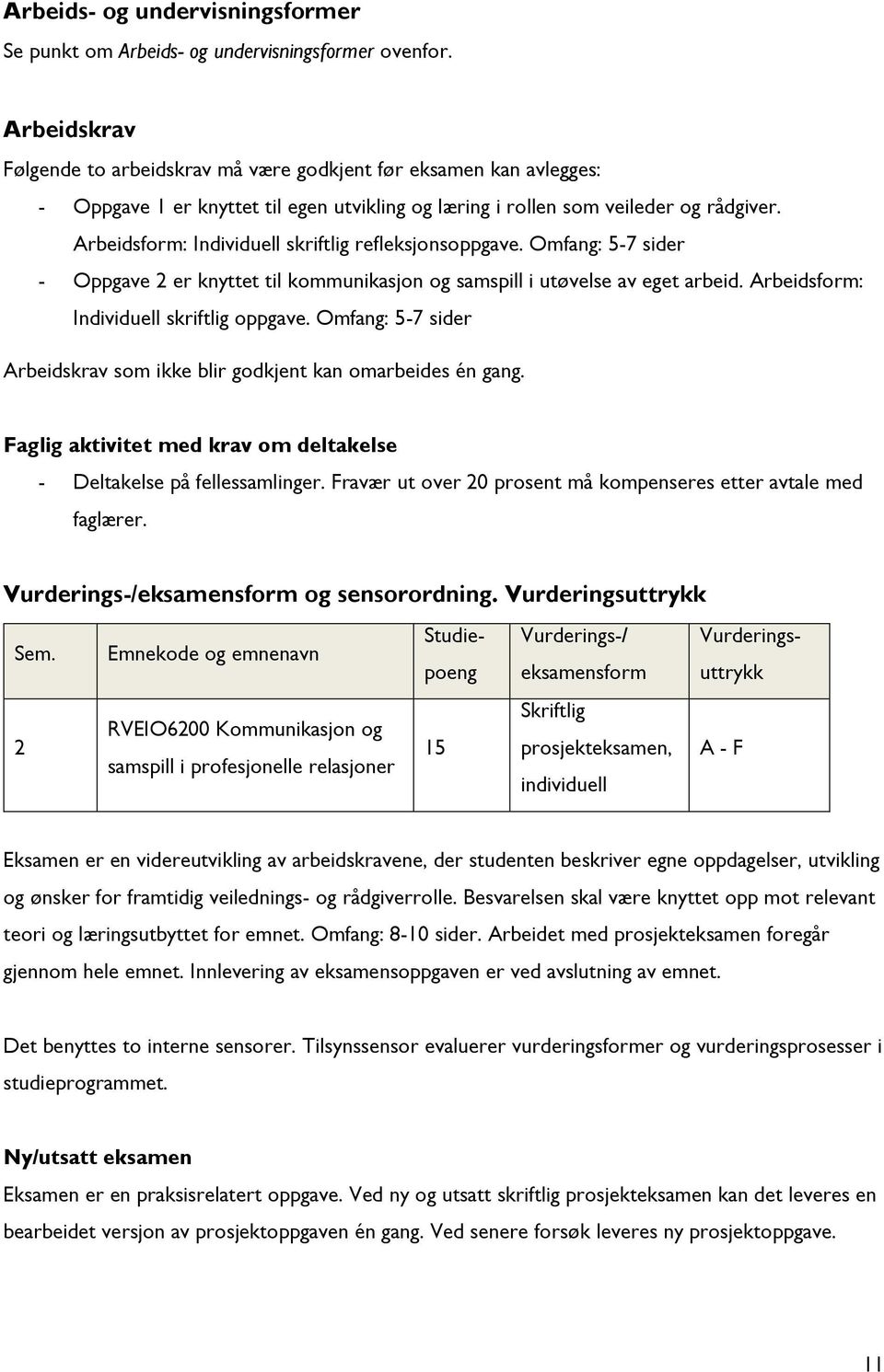 Arbeidsform: Individuell skriftlig refleksjonsoppgave. Omfang: 5-7 sider - Oppgave 2 er knyttet til kommunikasjon og samspill i utøvelse av eget arbeid. Arbeidsform: Individuell skriftlig oppgave.