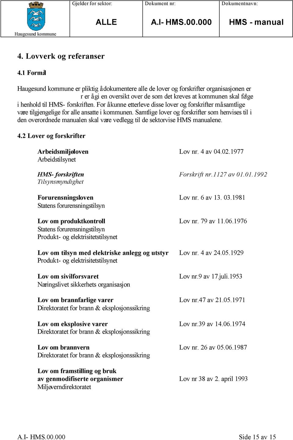 For å kunne etterleve disse lover og forskrifter må samtlige være tilgjengelige for alle ansatte i kommunen.