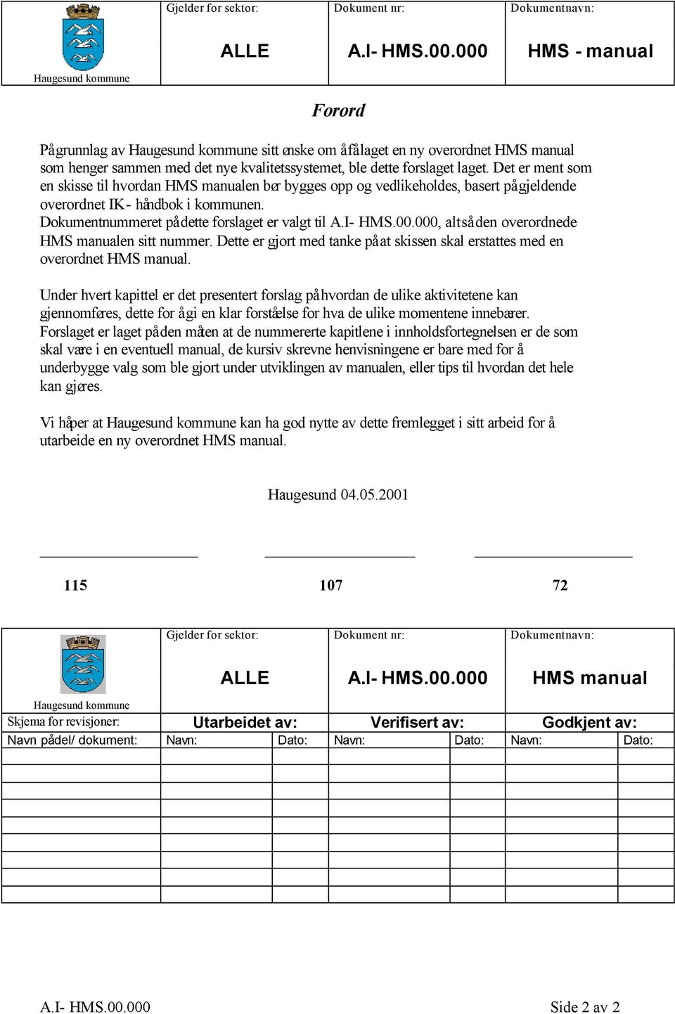 Dokumentnummeret på dette forslaget er valgt til, altså den overordnede HMS manualen sitt nummer. Dette er gjort med tanke på at skissen skal erstattes med en overordnet HMS manual.