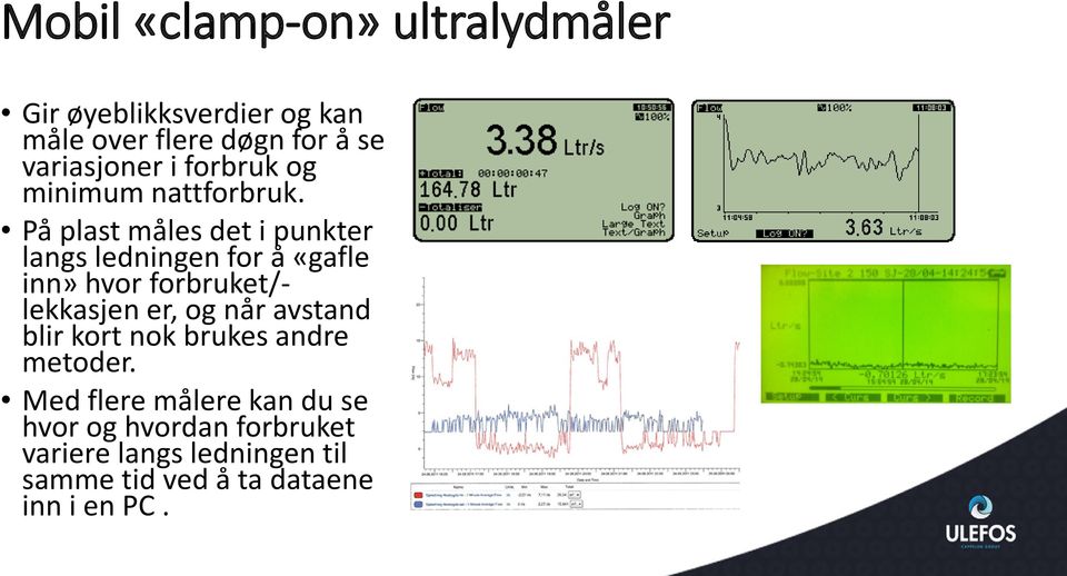 På plast måles det i punkter langs ledningen for å «gafle inn» hvor forbruket/- lekkasjen er, og