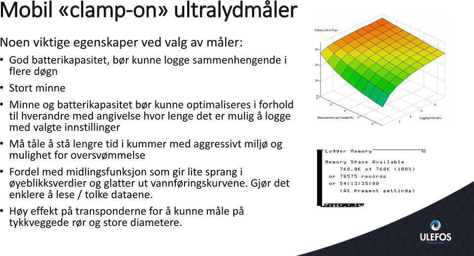 tåle å stå lengre tid i kummer med aggressivt miljø og mulighet for oversvømmelse Fordel med midlingsfunksjon som gir lite sprang i øyeblikksverdier og