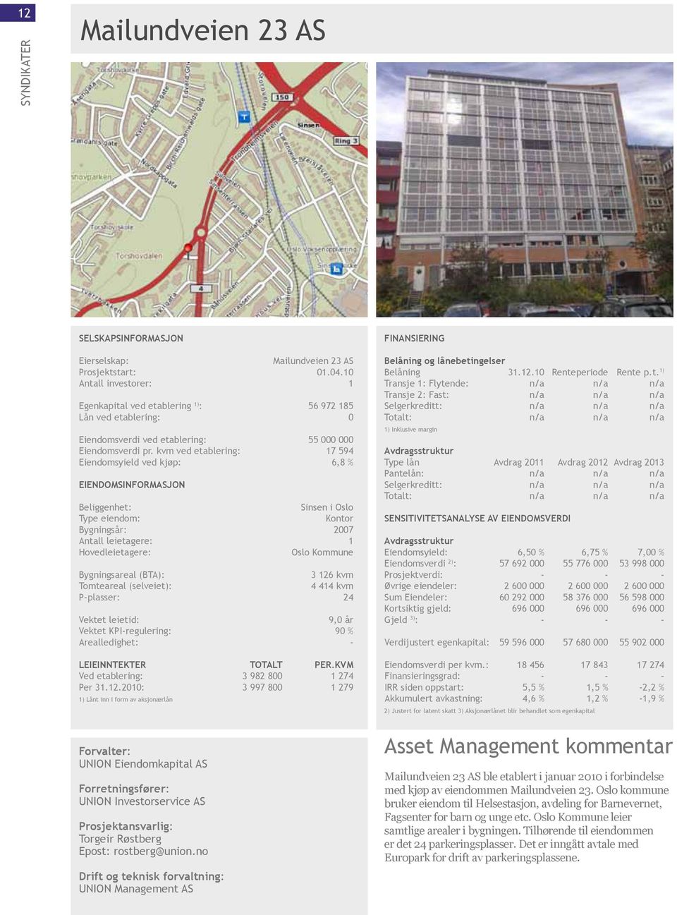 kvm ved etablering: 17 594 Eiendomsyield ved kjøp: 6,8 % Eiendomsinformasjon Sinsen i Oslo Kontor Bygningsår: 2007 Antall leietagere: 1 Hovedleietagere: Oslo Kommune Bygningsareal (BTA): 3 126 kvm