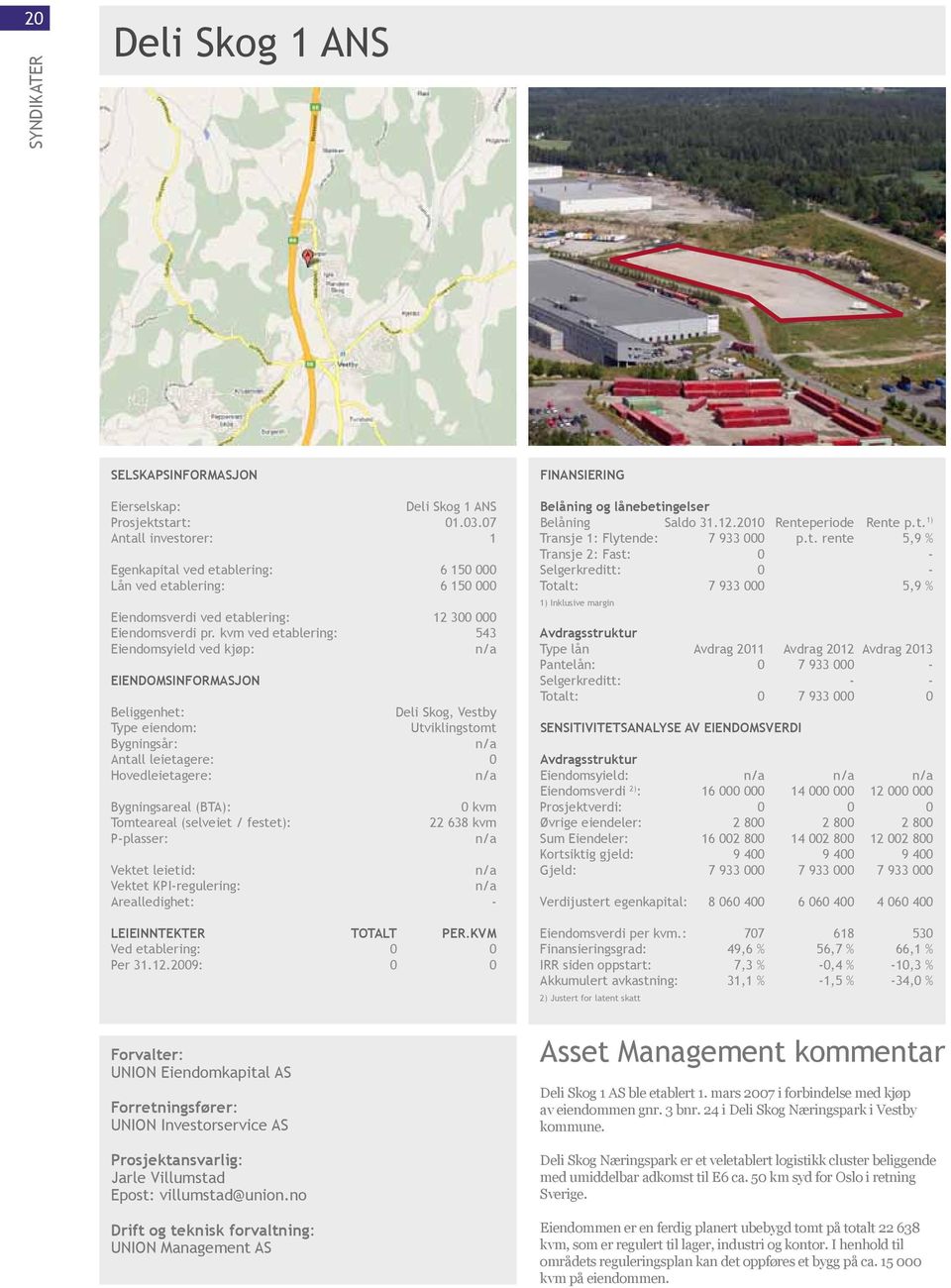 kvm ved etablering: 543 Eiendomsyield ved kjøp: n/a Eiendomsinformasjon Deli Skog, Vestby Utviklingstomt Bygningsår: n/a Antall leietagere: 0 Hovedleietagere: n/a Bygningsareal (BTA): Tomteareal