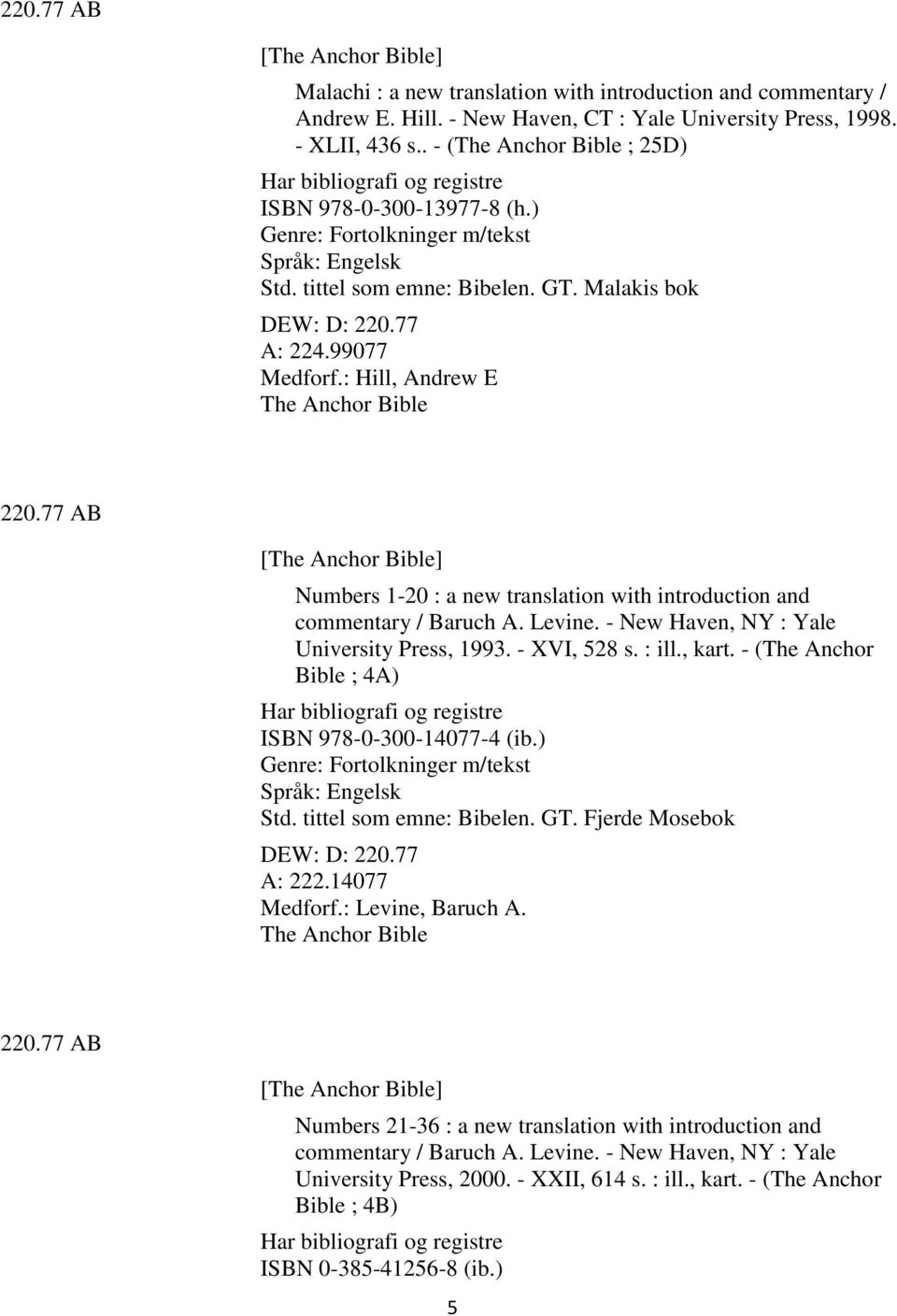 : Hill, Andrew E The Anchor Bible 220.77 AB [The Anchor Bible] Numbers 1-20 : a new translation with introduction and commentary / Baruch A. Levine. - New Haven, NY : Yale University Press, 1993.