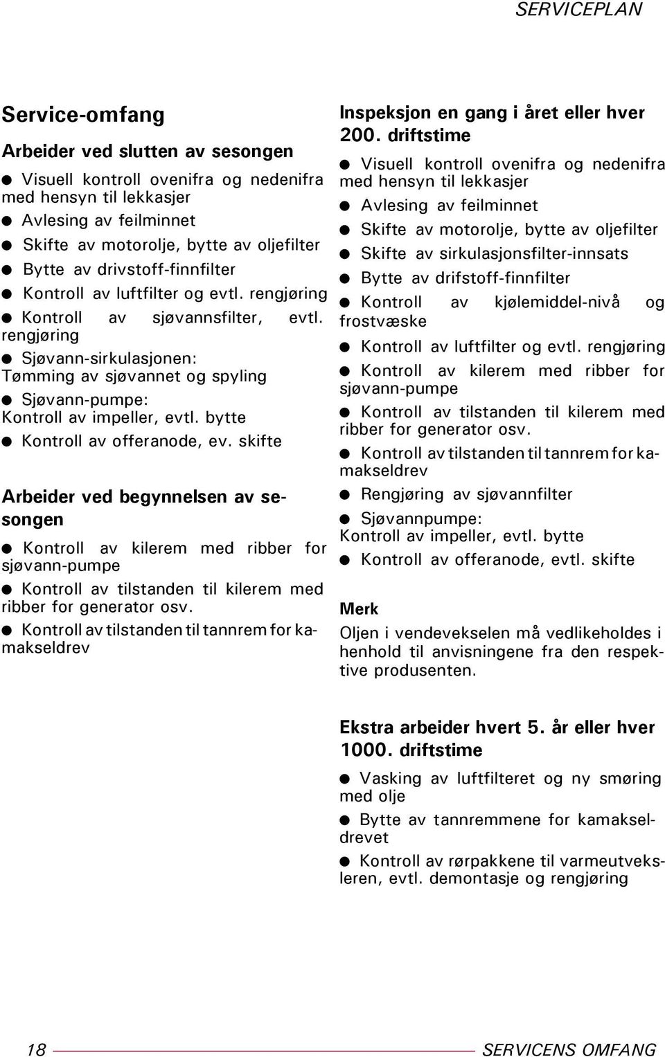 rengjøring Sjøvann-sirkulasjonen: Tømming av sjøvannet og spyling Sjøvann-pumpe: Kontroll av impeller, evtl. bytte Kontroll av offeranode, ev.