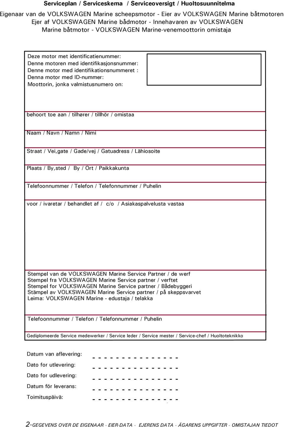 motor med ID-nummer: Moottorin, jonka valmistusnumero on: behoort toe aan / tilhører / tillhör / omistaa Naam / Navn / Namn / Nimi Straat / Vei,gate / Gade/vej / Gatuadress / Lähiosoite Plaats /