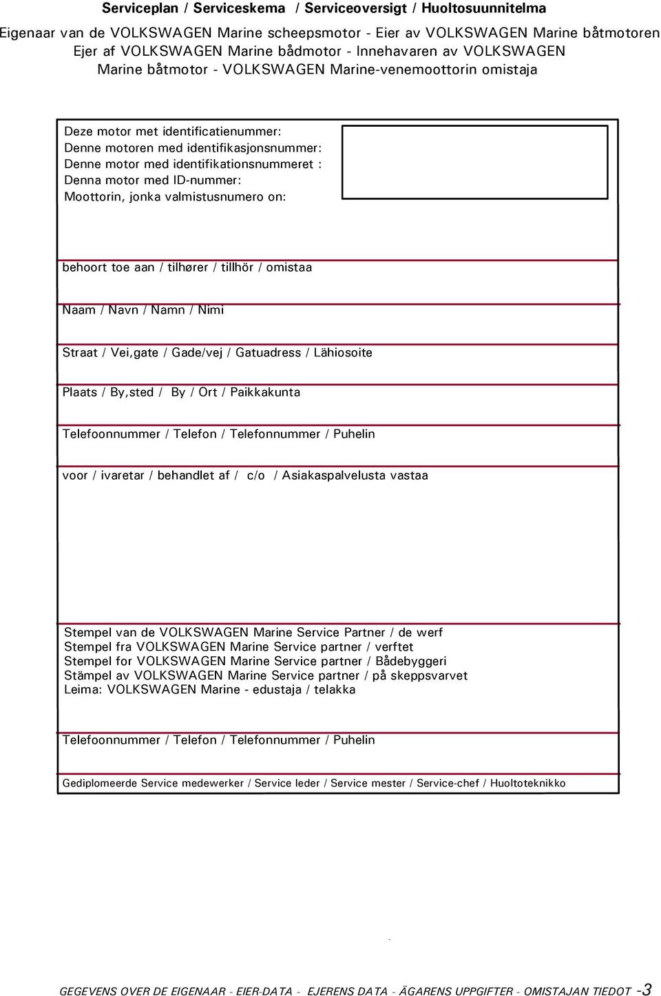 motor med ID-nummer: Moottorin, jonka valmistusnumero on: behoort toe aan / tilhører / tillhör / omistaa Naam / Navn / Namn / Nimi Straat / Vei,gate / Gade/vej / Gatuadress / Lähiosoite Plaats /