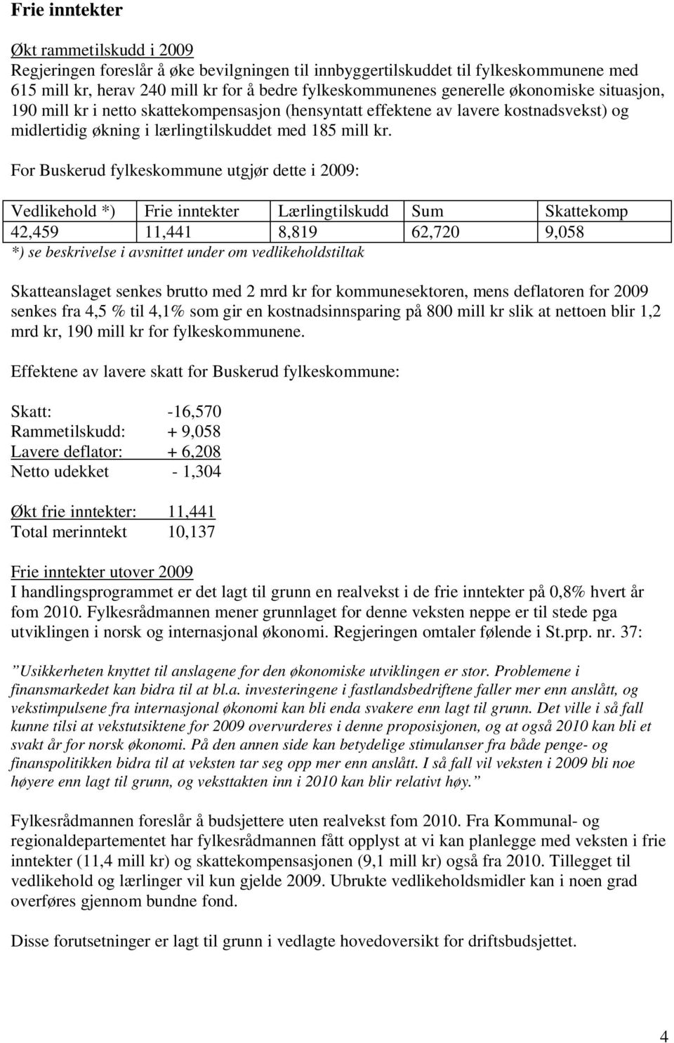 For Buskerud fylkeskommune utgjør dette i 2009: Vedlikehold *) Frie inntekter Lærlingtilskudd Sum Skattekomp 42,459 11,441 8,819 62,720 9,058 *) se beskrivelse i avsnittet under om vedlikeholdstiltak