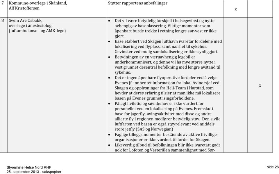 Base etablert ved Skagen lufthavn ivaretar fordelene med lokalisering ved flyplass, samt nærhet til sykehus. Gevinster ved mulig samlokalisering er ikke synliggjort.