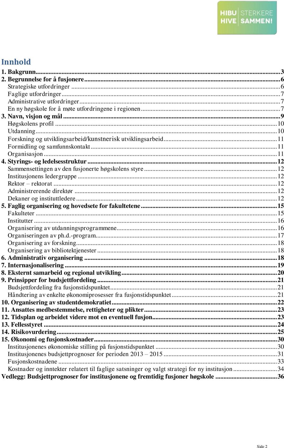 Styrings- og ledelsesstruktur... 12 Sammensettingen av den fusjonerte høgskolens styre... 12 Institusjonens ledergruppe... 12 Rektor rektorat... 12 Administrerende direktør.