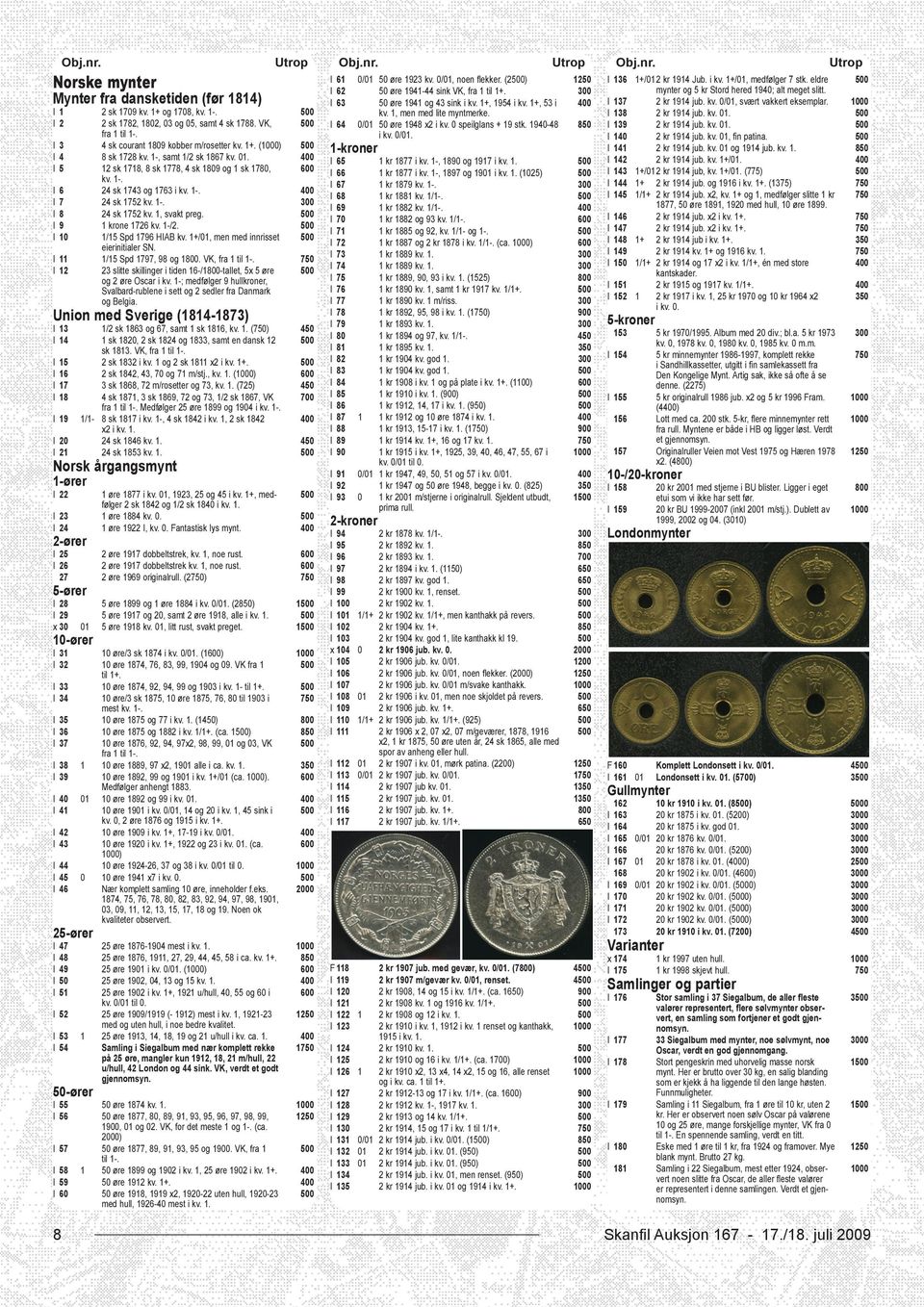 I 1 2 sk 1709 kv. 1+ og 1708, kv. 1-. kv. 1, men med lite myntmerke. I 138 2 kr 1914 jub. kv. 01. I 2 2 sk 1782, 1802, 03 og 05, samt 4 sk 1788. VK, I 64 0/01 50 øre 1948 x2 i kv.